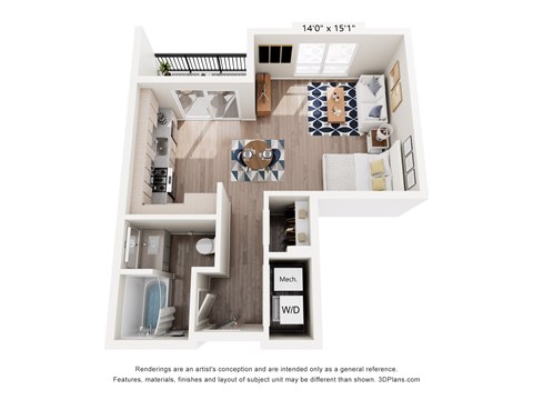 Floor plan for studio, 1 bath, 553 sqft